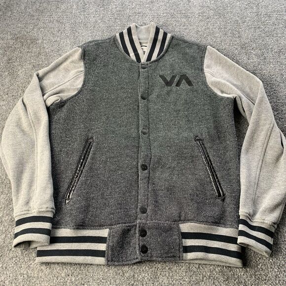 RVCA Varsity Jacket Mens Small Snap Button Gray Black Regular Fit Skater Surfer - Picture 1 of 16